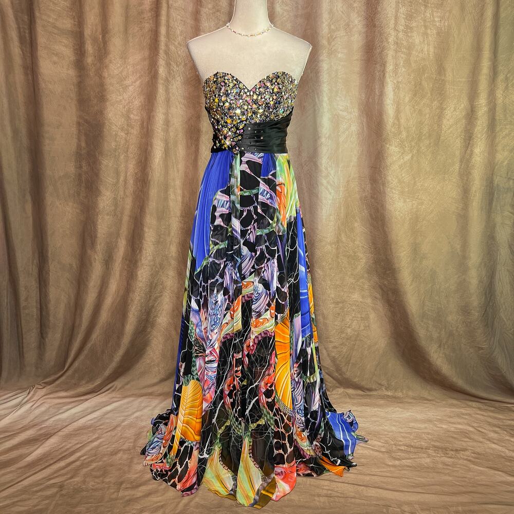 Y2K Prom Dress Graphic Print Abstract Strapless Beaded Rhinestone Futuristic Y3K